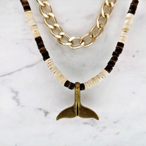 Whale Tail Necklace for Men, Gold chain necklace men, Beaded Layered Necklace, Curb chain necklace, Gifts for him image 1