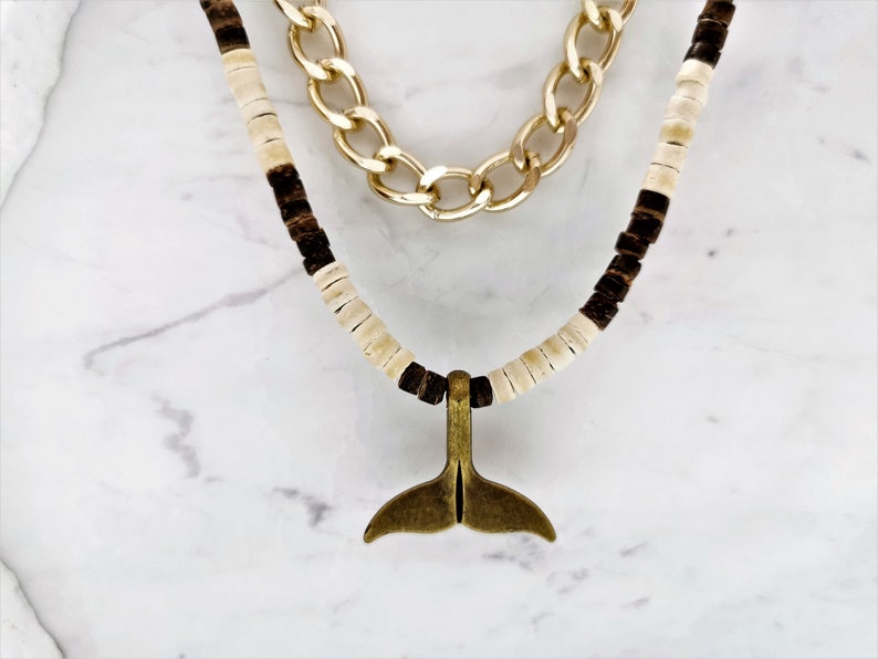 Whale Tail Necklace for Men, Gold chain necklace men, Beaded Layered Necklace, Curb chain necklace, Gifts for him image 1