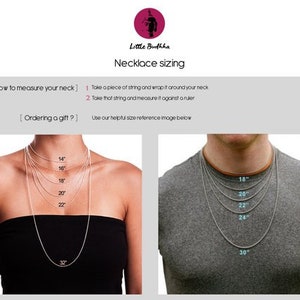 May include: Necklace sizing guide with two models wearing different lengths of necklaces. The guide shows necklace lengths from 14 inches to 32 inches.