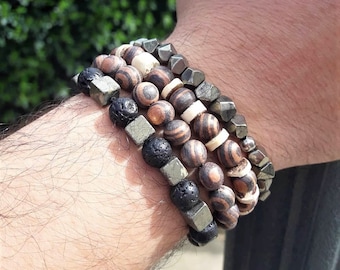 Mens Surfer Beaded Bracelet, Pyrite Gemstone bracelet,  Wooden Stacking Bracelets, Stretch Bracelets Gift For Men