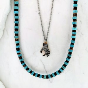 Wood and Turquoise beaded necklace for Men, Pinching Hand Pendant Necklace Men , Stainless Steel Chain Necklace for men, Gift for boyfriend