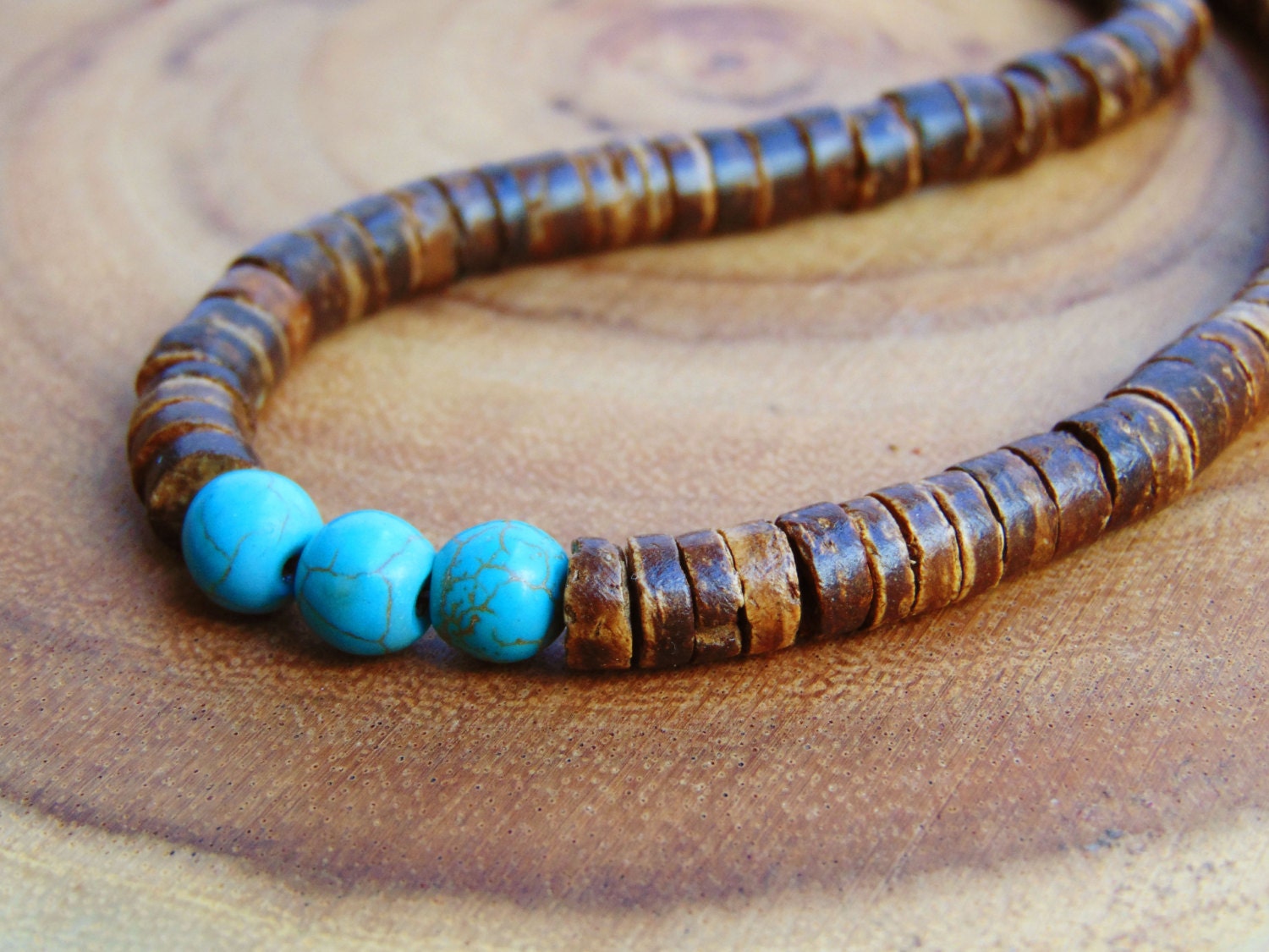 Collier Homme Perles Howlite Turquoise Et Bois – Fait Main, Style Naturel 50 Cm