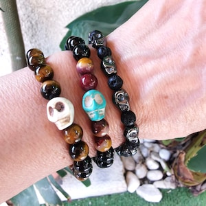Skull Bracelet for Men: Onyx, Agate, Tiger Eye, or Hematite Gothic Bracelet