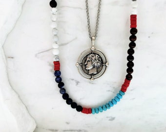 African beaded Necklace Men, Medallion necklace for men, Men's gemstone necklace, Siler coin necklace men, Surfer style necklace