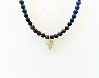 Mens Beaded Choker Necklace, African Shark Tooth necklace Guys Gift, Black Onyx Necklace for men