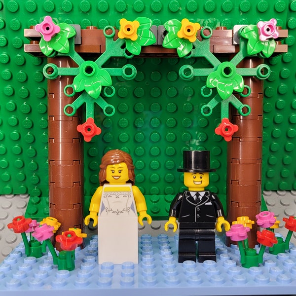 Wedding Bride and Groom in Tux Custom Cake Topper Pillars of Flowers, Minifigure, Minifig, Genuine LEGO®