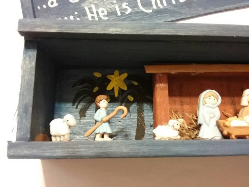 With wooden Manger and painted scene ...a Savior has been born to you; He is Christ the Lord Nativity scene slide top shadow box