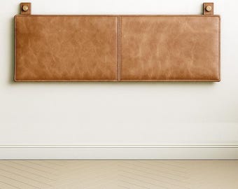 Tan Leather Headboard: King Size Wall Mount Bed Cushion with Straps