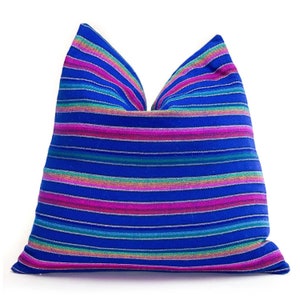 Electric Blue Rainbow Stripe Pillow – Colorful Decorative Throw Cushion for Kids’ Room or Sofa | Bright Boho Accent Decor