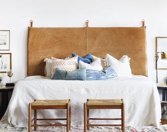 Tan Leather Headboard: Queen Size Hanging Bed Cushion