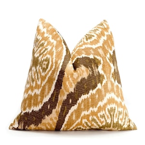 Neutral Square Throw Pillow 18&quot;  Accent - Modern Boho Ikat Decorative Throw Cushion - Gold Accent Mustard Yellow & Brown Beach Decor, Modern