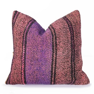 Purple Pillow- | Vintage Kilim Purple Stripe Vintage Salt n Pepper Textured Throw Cushion for chair or sofa Boho Modern Rustic Kilim Rainbow