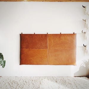 Whiskey Brown Leather Headboard – Wall Mount Cushion for Queen or Full Bed | Real Leather Hanging Bed Back | Small Room Decor - Real Leather