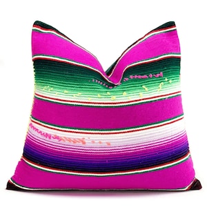 Fuchsia Cushion- Pink and Green Striped Pillow Boho Surf Style Accent Pillow Baja California Beach Style White Sofa or Couch Cute Core