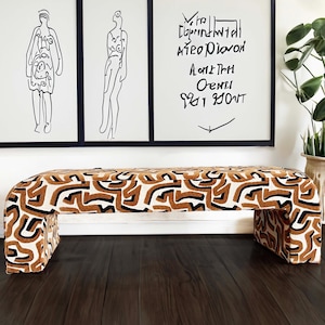 Modern Upholstered Bench Black Ivory Geometric Fabric Handmade Entryway Seating Accent Furniture Living Room Decor