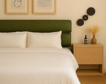 Custom Tan Paneled Leather Headboard | Mid Century Modern Wall Mount Bed