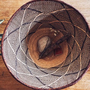Handwoven Basket- Authentic Wall Decor Boho Table Centerpiece Rustic Farmhouse Accent Zig Zag Woven Baskets Fruit Bowl African Binga Basket