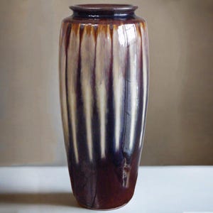 Brown Vase - Mid Century Modern Vintage Tan Drip Glaze Earthtone Vase Tall Neutral Decor Boho Ceramic Accent Stripes Vintage Art Pottery