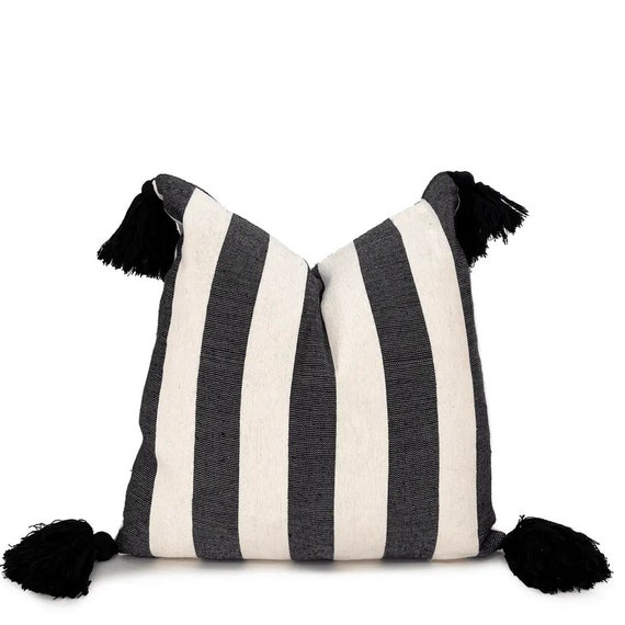 White Black Pillow With Pom Poms Decorative Throw Pillow With Feather Cushion