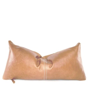 Handcrafted Tan Leather Lumbar Pillow: Modern Farmhouse Decor