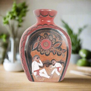 Folk Art Vase- Vintage Mexican Hand-Painted Terra Cotta Vessel One of a Kind Hand Painted Cultural Heritage Aty