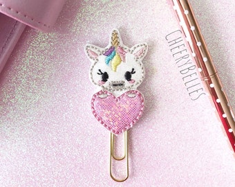 Unicorn with Heart Planner clip, unicorn Feltie, Unicorn Appliqué