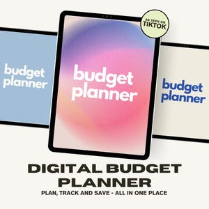 May include: A digital budget planner app on a tablet screen. The app has a pink, blue, and purple gradient background with the text "budget planner" in white. The text "DIGITAL BUDGET PLANNER" is below the tablet screen in black. The text "PLAN, TRACK AND SAVE - ALL IN ONE PLACE" is below the text "DIGITAL BUDGET PLANNER".