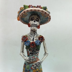 12&quot; Ceramic CATRINA, Mexican day of the dead sculpture, folk art figurine, colorful skeleton painted by hand.