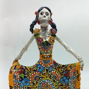 10&quot; Ceramic CATRINA, Mexican day of the dead sculpture, folk art figurine, colorful skeleton painted by hand.