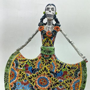 18&quot; Ceramic CATRINA, Mexican day of the dead sculpture, folk art figurine, colorful skeleton painted by hand.