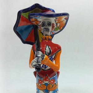 7&quot; Ceramic CATRINA, Mexican day of the dead sculpture, folk art figurine, colorful skeleton painted by hand.