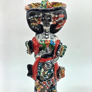 8&quot; Ceramic CATRINA, Mexican day of the dead sculpture, folk art figurine, colorful skeleton painted by hand.