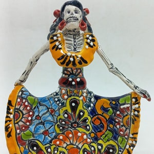 7&quot; Ceramic CATRINA, Mexican day of the dead sculpture, folk art figurine, colorful skeleton painted by hand.