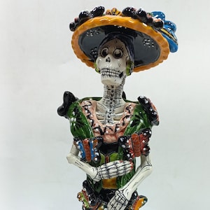 11&quot; Ceramic CATRINA, Mexican day of the dead sculpture, folk art figurine, colorful skeleton painted by hand.