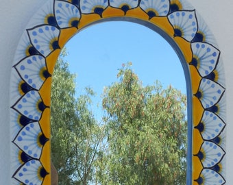TALAVERA MIRROR bathroom wall decor vanity, Mexican pottery folk art hanging