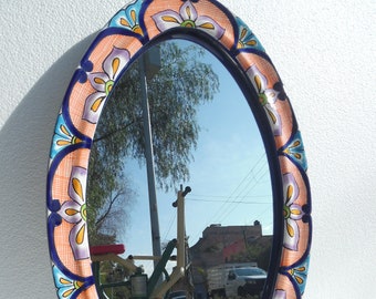 TALAVERA MIRROR bathroom wall decor vanity, Mexican pottery folk art hanging