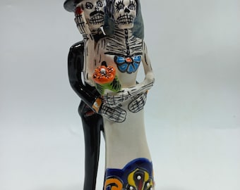 12" pareja NOVIOS CATRINA talavera mexicana día de muertos, esqueleto colorido pintado a mano.