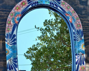 TALAVERA MIRROR bathroom wall decor vanity, Mexican pottery folk art hanging