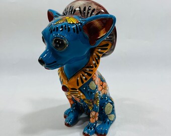 7" CERAMIC DOG sculpture, colorful handpainted talavera puppy figurine, mexican pottery