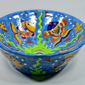 16&quot; ROUND TALAVERA SINK ceramic bathroom vessel sink, mexican handmade folk art