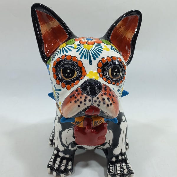 9" CERAMIC DOG sculpture, colorful handpainted talavera puppy figurine, mexican pottery