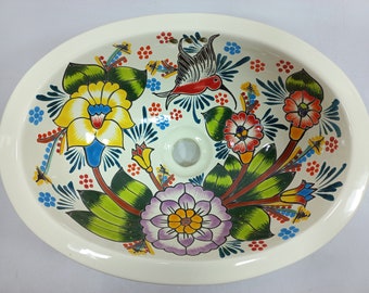 FREGADERO TALAVERA de 16" X 12" de cerámica hecha a mano para baño mexicano empotrado o bajo encimera