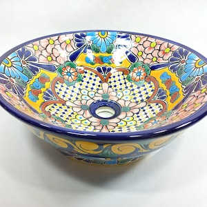 17&quot; ROUND TALAVERA SINK ceramic bathroom vessel sink, mexican handmade folk art