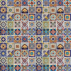 May include: A colorful mosaic tile pattern with various geometric designs in shades of blue, yellow, red, green, and white.