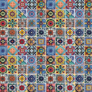 May include: A colorful mosaic tile pattern with geometric shapes and floral designs in shades of blue, green, yellow, red, and orange.