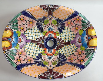 LAVABO DE TALAVERA DE 17" X 14" para baño mexicano empotrado o bajo encimera, hecho a mano en cerámica