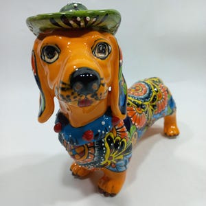 12" CERAMIC DOG with hat sculpture, colorful handpainted talavera puppy figurine, mexican pottery
