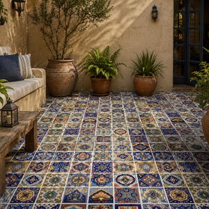 May include: A patio floor covered in square ceramic tiles featuring a repeating pattern of intricate floral and geometric designs in shades of deep blue, yellow, orange, and white, creating a vibrant and detailed mosaic surface across the ground.