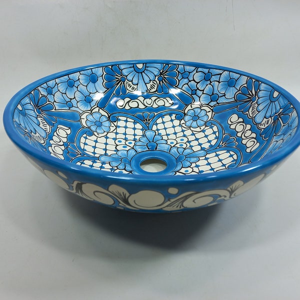 14" round TALAVERA VESSEL SINK Mexican handmade ceramic bathroom basin, folk art