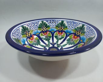 Lavabo de Talavera de 17" x 14" de cerámica mexicana, empotrado o bajo encimera, hecho a mano.